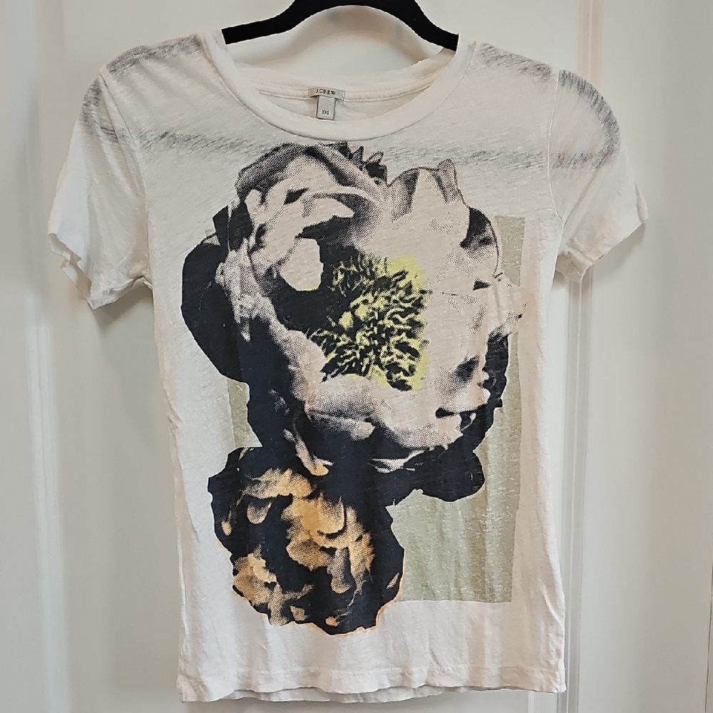 J. Crew White and Blue Graphic Fitted Short Sleeve Tee